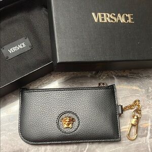 Versace Black Leather Key Pouch and Card Holder with Gold Medusa Accent